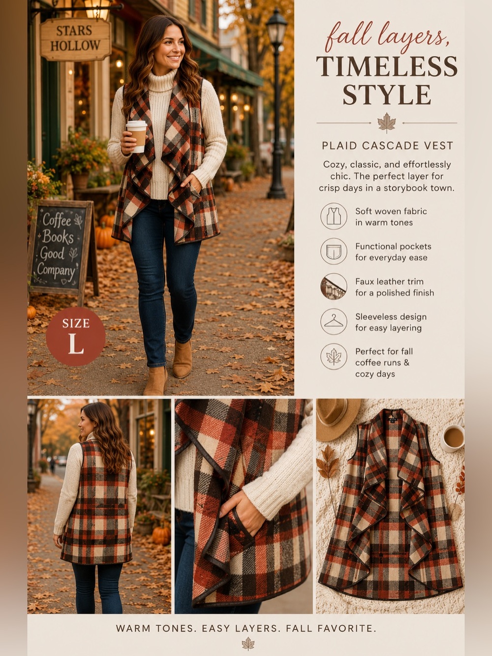 HYFVE Plaid Cascade Vest in Brown, Orange & Cream Size Large